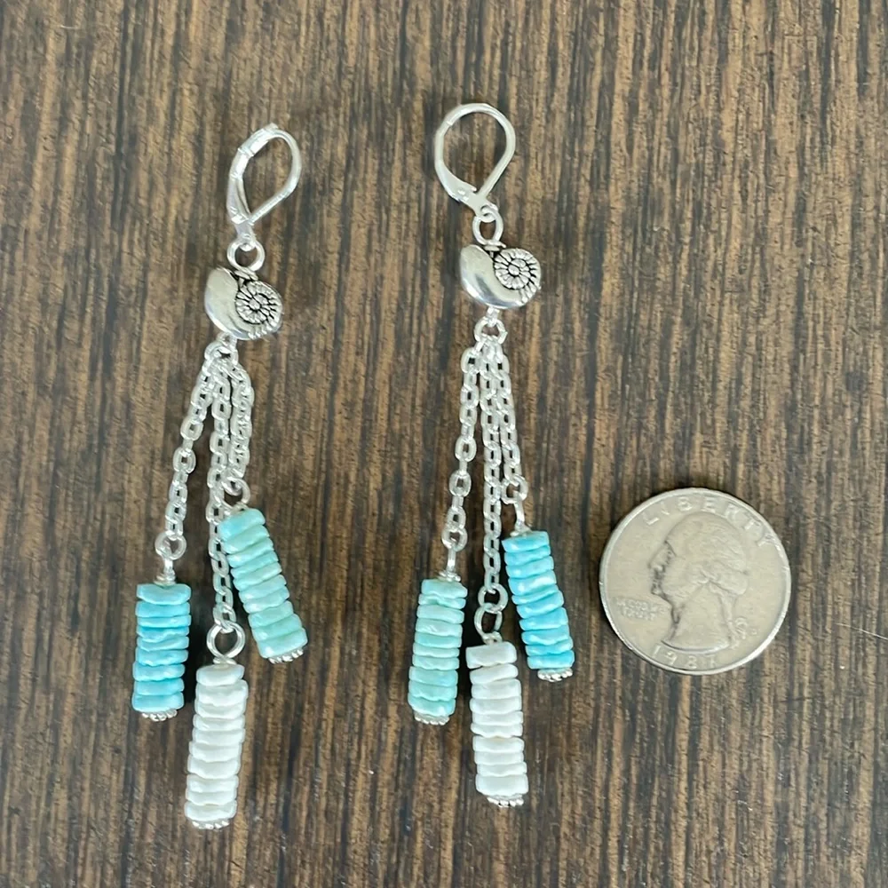 HAND CRAFTED BEACHY TASSEL EARRINGS Aqua and White Shell Rondelles